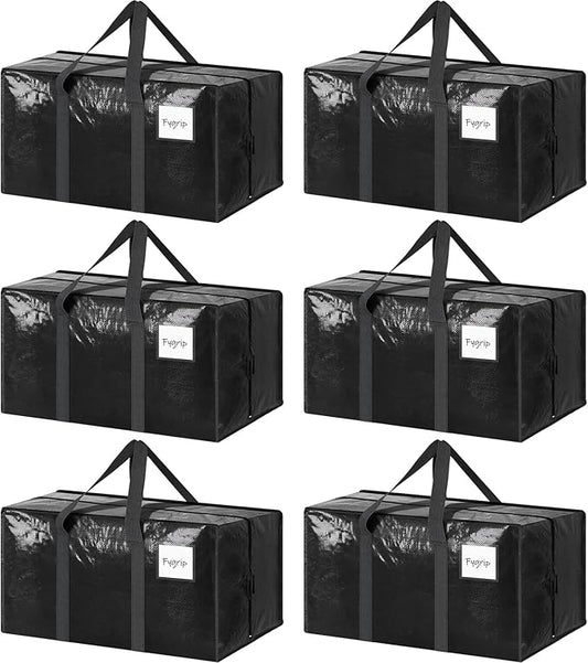 6 Pack Extra Heavy Duty Large Moving Bags with Strong Zipper & Comfortable Handles, Sturdy & Durable Clothes Storage Bags Totes Bins, Packing Moving Boxes for College Supplies, Black-NeatNest