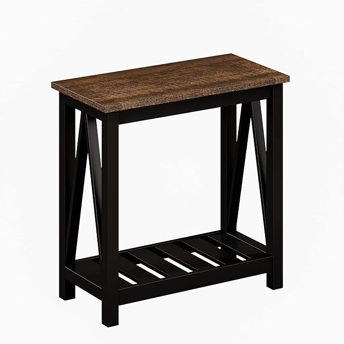 ChooChoo Farmhouse End Table, Rustic Vintage Narrow End Side Table with Storage Shelf for Small Spaces, Nightstand Sofa Table for Living Room, Bedroom Black-NeatNest