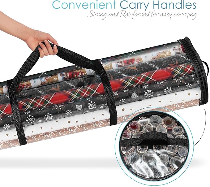 Hearth & Harbor Wrapping Paper Storage Container and Clear Wrap Paper Holder - Christmas Storage Bag with Interior Pockets - Fits Up to 36 Rolls of 40" - Tear Proof, Black-NeatNest