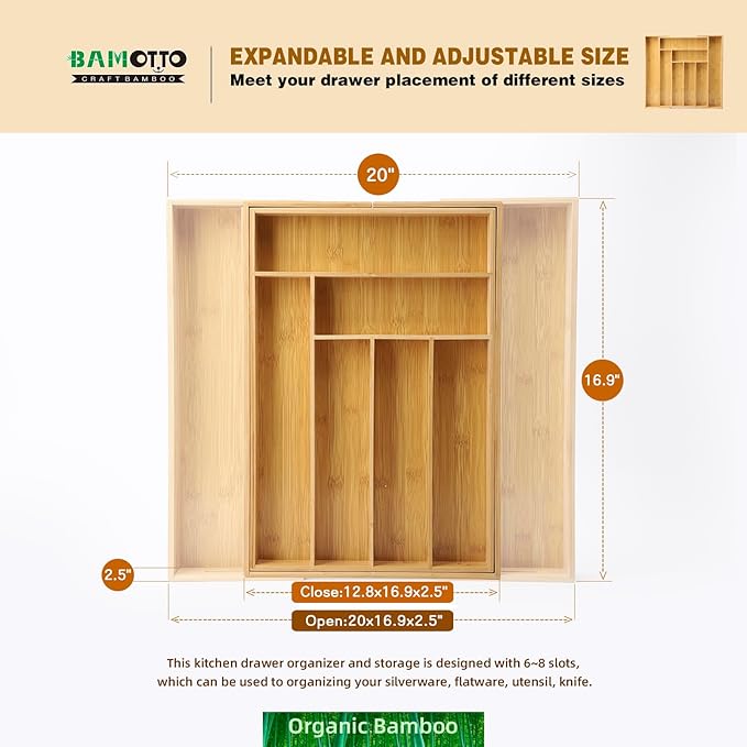 Expandable Bamboo Drawer Organizer – Large 20"x16.9" Size with Adjustable Dividers – for Kitchen Utensils, Knives, Cutlery, Flatware & Silverware Storage Tray-NeatNest