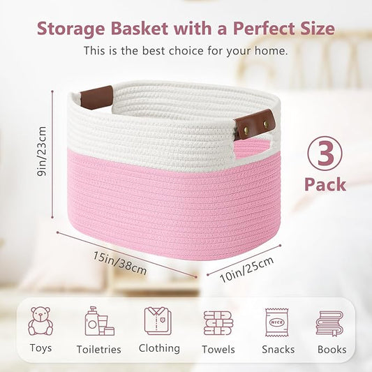 Cotton Rope Basket , Storage Baskets with Handle, 15x10x9 Inch Woven Basket for Shelves, Laundry, Towels, Clothes, Books, Toys (White/Pink 3Pack)-NeatNest