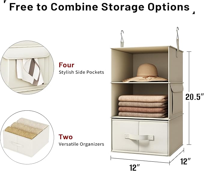Vailando 3-Shelf Hanging Closet Organizer, Set of 2 Hanging Shelves with 2 Drawers for Wardrobe, Nursery, Baby Clothes Storage and Organization, Beige-NeatNest