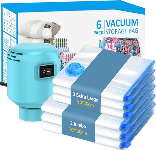 Vacuum Storage Bags with Electric Air Pump, 6 Pack (3 Jumbo, 3 Large) Fast Deflating Double Zip Seal Space Saver Bag for Clothes, Mattress, Blanket, Duvets-NeatNest