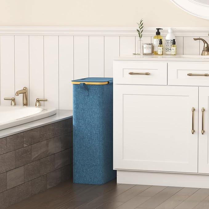 Lifewit 75L Slim Laundry Hamper with Lid, Narrow Laundry Basket with Removable Bag & Bamboo Handles, Fodable Thin Dirty Clothes Hamper for Laundry Collapsible Bin for Bathroom Bedroom Dorm, Dark Blue-NeatNest