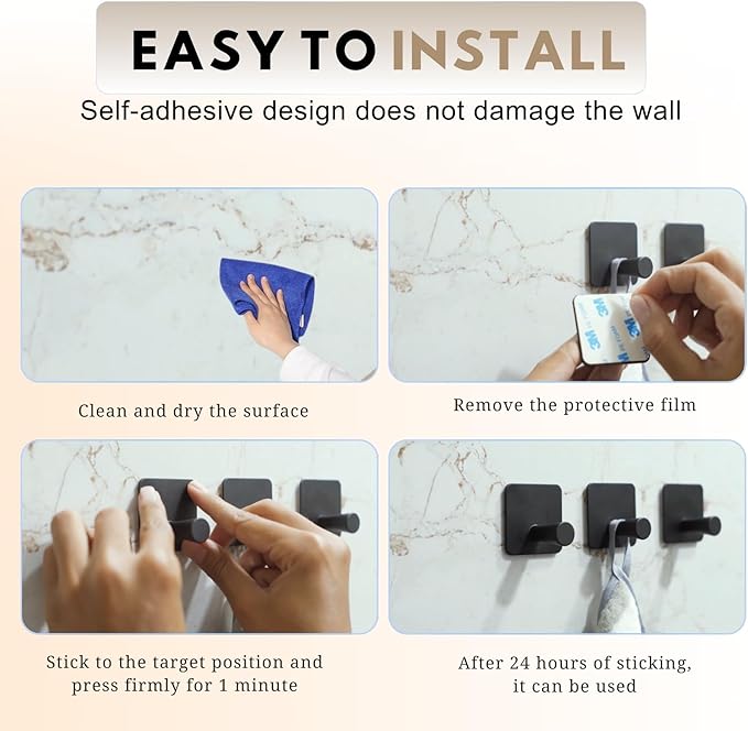 Adhesive Hooks for Hanging - 4 Pack, Heavy-Duty Hooks for Walls No Damage (15lbs) Self-Adhesive Hook for Towles, Robes, Loofhas, Strong Sticky Hook for Closet, Door, Wardrobe. (Black 3)