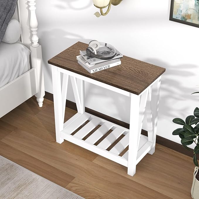 ChooChoo Farmhouse End Table Set of 2, Rustic Vintage Narrow End Side Table with Storage Shelf for Small Spaces, Nightstand Sofa Table for Living Room, Bedroom White-NeatNest