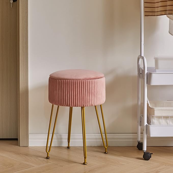 IBUYKE Velvet Storage Footrest Stool Ottoman, Makeup Vanity Stool Side Table with Golden Steel Legs Removable Cover, Coffee Table Top Cover, Pink LG-20P