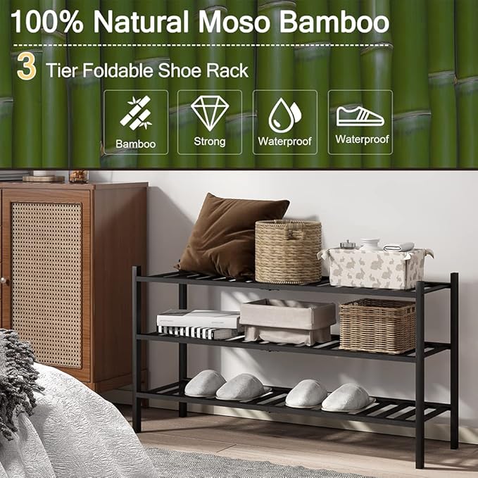 Long Shoe Rack, 3-Tier Bamboo Stackable Shoe Shelf Storage Organizer, Shoe Stand for Closet, Entryway and Hallway-NeatNest