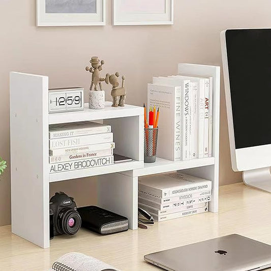 Hongtaitong Natural Wood Bookcase,Bookshelf on Desk, Expandable Bookselves on Room,Organizer Expandable Desktop,Adjustable Desktop Shelves and Office Shelves，Counter Organizer Kitchen,White-NeatNest