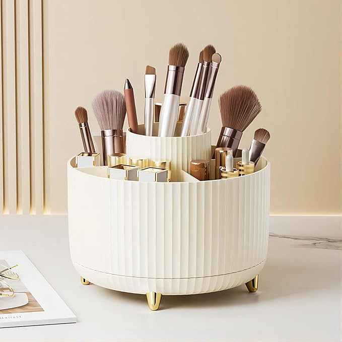 DASITON Large Capacity Makeup Brush Holder,360° Rotating Makeup Organizer,5 Slot Makeup Brushes Cup,for Vanity Decor,Bathroom Countertops,Desk Storage Container,Cosmetic Display cases(Cream)-NeatNest