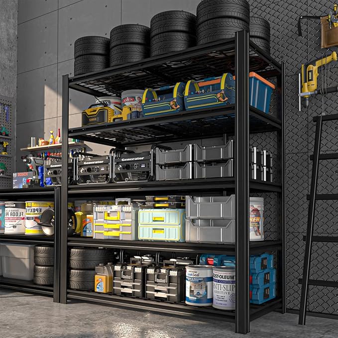 5 Tier Metal Garage Shelves, 84" H x 47.24" W x 24" D, 3000LBS Storage Heavy Duty Garage Shelving, Adjustable Shelving Unit for Warehouse, Basement, Kitchen, Store Display, Black-NeatNest