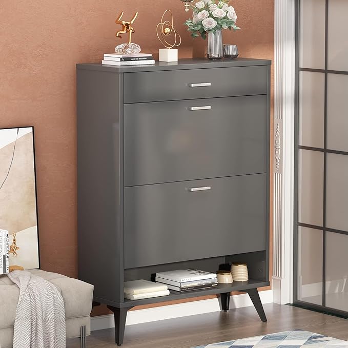AWQM Shoe Storage Cabinet for Entryway, Free Standing Shoe Organizer with 2 Flip Drawers,Hidden Shoe Rack Storage Organizer for Doorway Hallway (Grey)-NeatNest