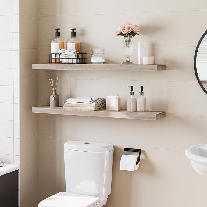 HOOBRO Floating Shelves for Wall, Wall Mounted Shelf Set of 2, 39.4" Hanging Shelf with Invisible Brackets, for Wall in Bathroom, Bedroom, Toilet, Kitchen, Livingroom, Office, Greige BG100BJP201-NeatNest