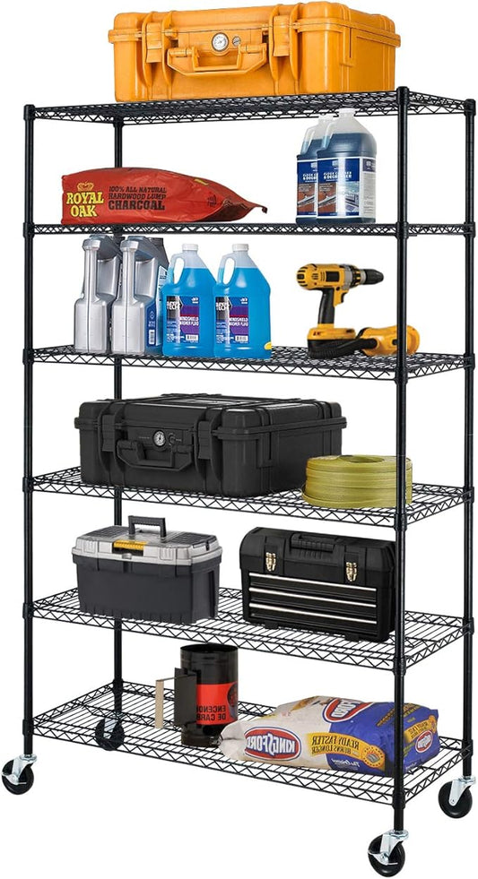 BestOffice NSF Wire Shelving Unit 6-Shelf Large Storage Shelves Heavy Duty Metal Wire Rack Height Adjustable Commercial Grade Utility Storage Rack on 4" Casters 6000LB Capacity 18x48x76,Black-NeatNest