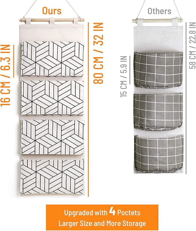CROWNED 2Pcs Over Door Hanging Storage Bags Wall Mount Closet Organizer, 4 Big Pockets Linen Cotton Fabric Living Room Bedroom Bathroom File Magazine Waterproof Free Hooks White-NeatNest