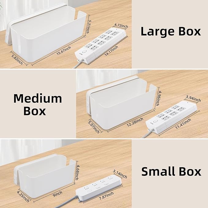 YaeCCC Cable Management Organizer Box Power Strips Hider Power Cords Hider for Desk, TV, Computer, USB Hub,Cords (Set of Three) White