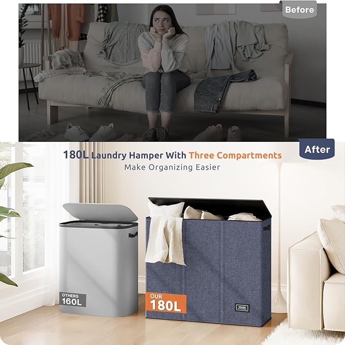 SOLEDI 180L 3-Section Laundry Hamper with Lid, Extra Large Dirty Clothes Basket with Sturdy Handles for Laundry Room & Bedroom - Durable Organizer for Sorting Laundry-NeatNest