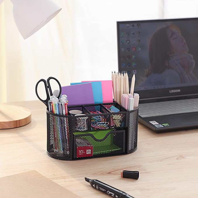 EOOUT Desk Organizer, Pencil Holder for Desk, Mesh Office Desk Accessories with 8 Compartments and 1 Drawer Stationery Holder School Supplies-NeatNest