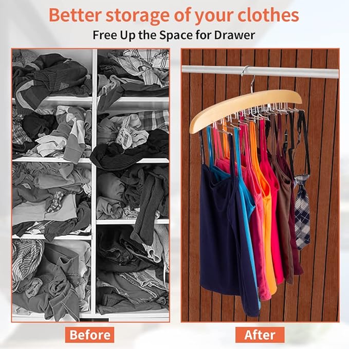 3 Pack Tank Top & Bra Hanger, Tie & Belt Hanger with Natural Wood, 24 Space Saving, 360 Rotating, Foldable Metal Hooks, Closet Organizer and Storage Rack for Tank Tops/Bras/Ties/Belts-NeatNest