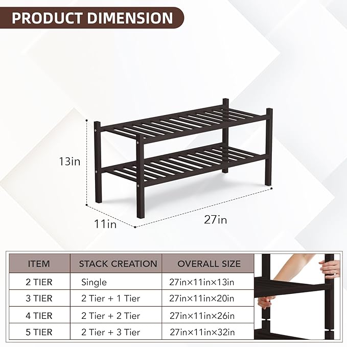 2 Tier Bamboo Shoe Rack Storage Organizer for Closet, Multifunctional Stackable Free Standing Shoe Shelf Organizer for Small Space,Entryway, Hallway, Bathroom27 x11 x13 (Brown, 2 Tier)-NeatNest