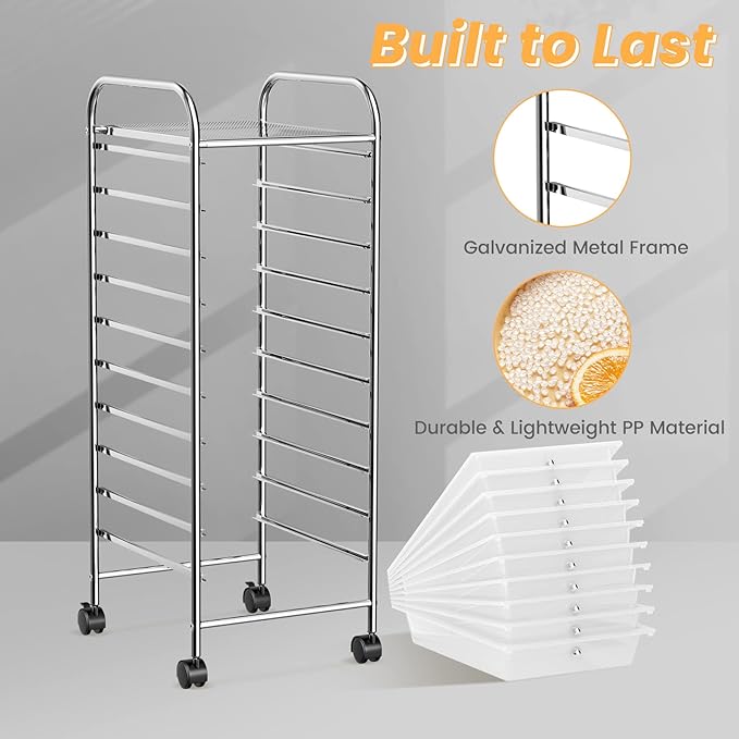 COSTWAY 10-Drawer Rolling Storage Cart, Utility Mobile Trolley with Removable Drawers & Universal Casters & 2 Brakes, Versatile Flexible Drawer Organizer Cart for Home, Office (Clear)-NeatNest