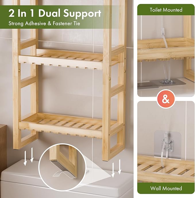AmazerBath Bamboo Over The Toilet Storage Shelf - 3-Tier Bathroom Organizers and Storage Shelves, 2 in 1 Dual Stable Above Over Toilet Bamboo Shelf Home Storages Rack for Small Bathroom, Space Saver-NeatNest