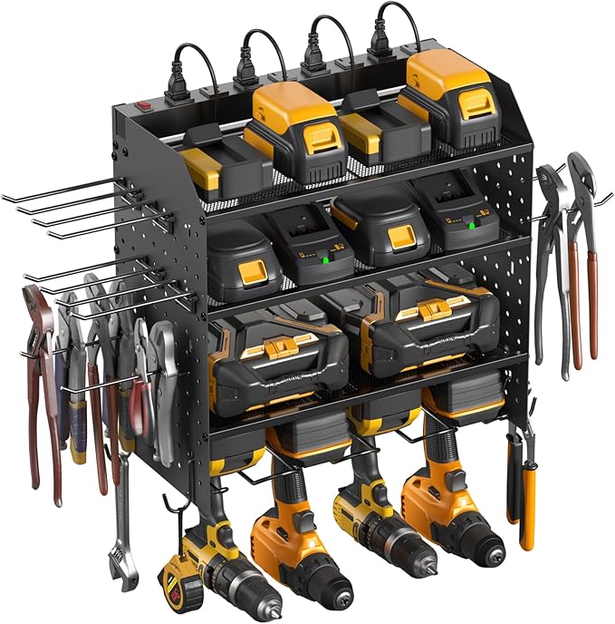 CCCEI Modular Power Tool Organizer with Charging Station. 4 Layer Wall Mount Drills Holder, Tool Battery Charger Organizer. Garage Shop Storage Utility Shelf with 10FT Power Strip, Gift for Men.-NeatNest