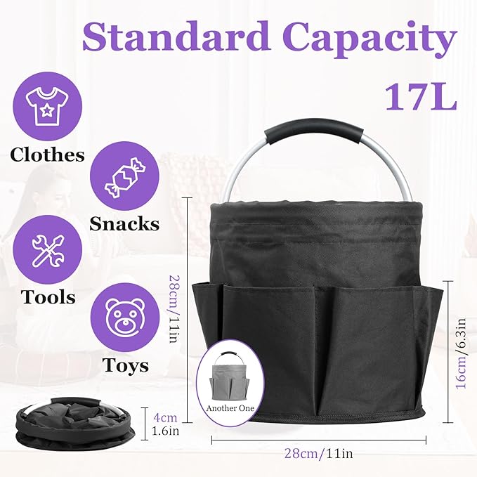 2Pack 17L Foldable Cleaning Supply Caddy with Handle, Portable Bucket Tool Organizer, Garden Tool Bag in 600D Oxford Fabric, Folding Storage Basket for Outdoor, Bathroom, Black + Dark Gray-NeatNest