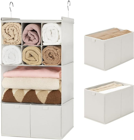 GRANNY SAYS Hanging Closet Organizer with Drawers, 4 Shelf Dividers Closet Hanging Organizer, Foldable Hanging Shelves for Clothes Organizer, Small Closet Organizers and Storage, Beige-NeatNest