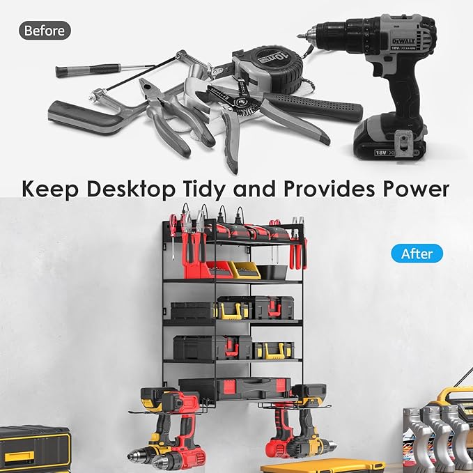 CCCEI Garage Tools Storage with Charging Station. Power Tool Battery Organizer Utility Shelf with Power Strip. 4 Drills Holder Wall Mount Rack, Black 5 Layer.-NeatNest