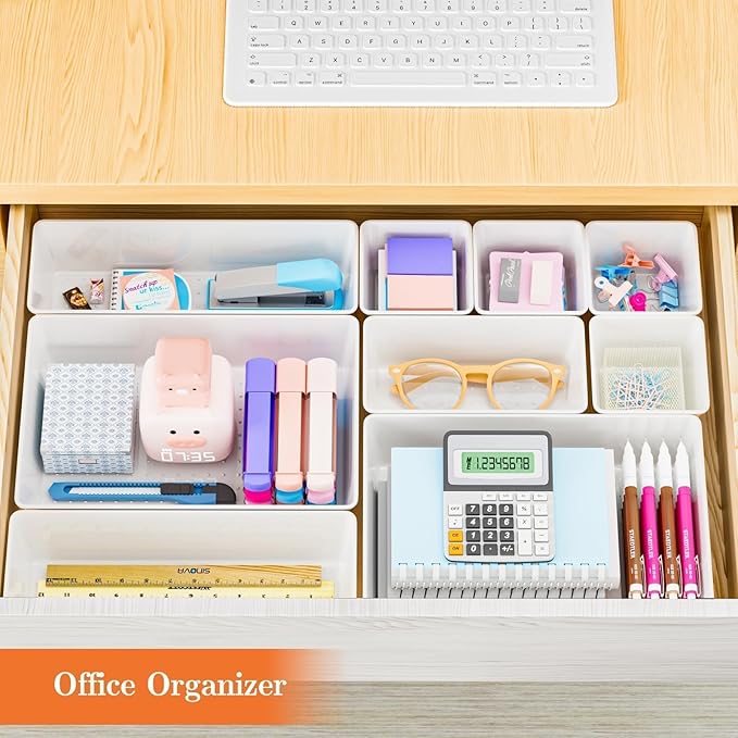 25 PCS Plastic Drawer Organizer Set, 4-Size Versatile Organizer Trays & storage Bins for Makeup, Jewelry, and Gadgets in Bathroom, Bedroom and Office, White-NeatNest