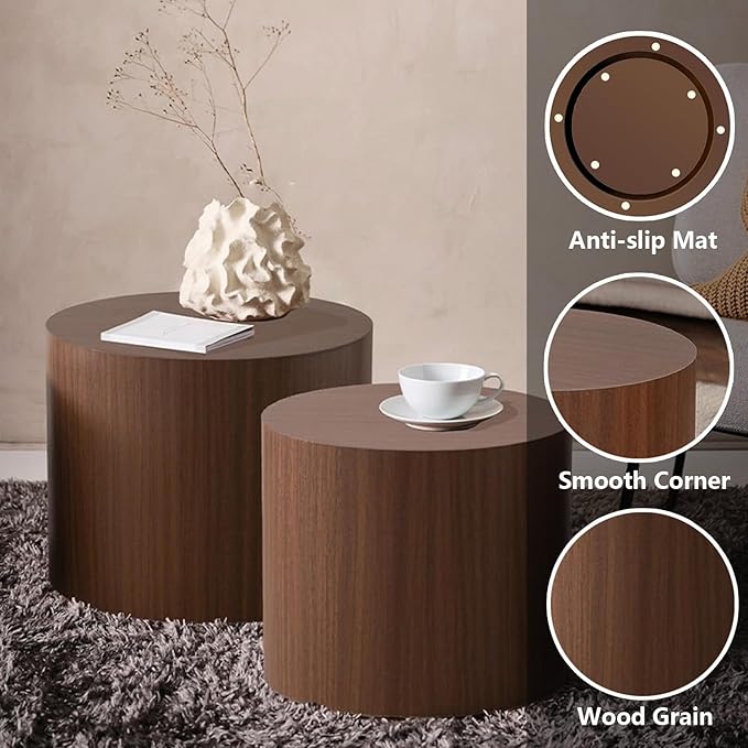 Round Nesting Coffee Table Set of 2 Modern Wooden Drum Coffee and End Table Sets Rustic Small Side Tables Circle Accent Center Tables for Living Room Apartment,No Assembly,Dark Wood