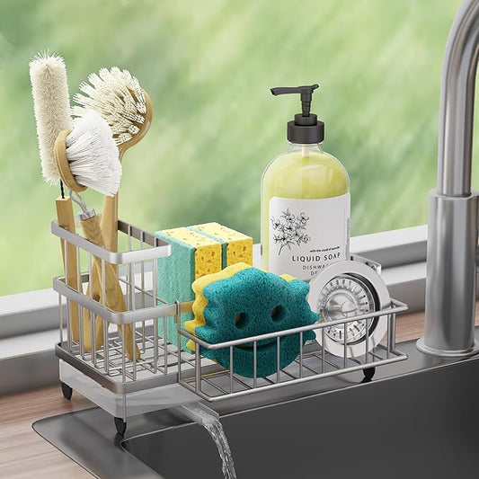 Consuemst Sponge Holder for Kitchen Sink - Auto Draining Sink Caddy Organizer with Detachable Rack, High Brush Holder, Kitchen Countertop Storage Accessories, Silver-NeatNest