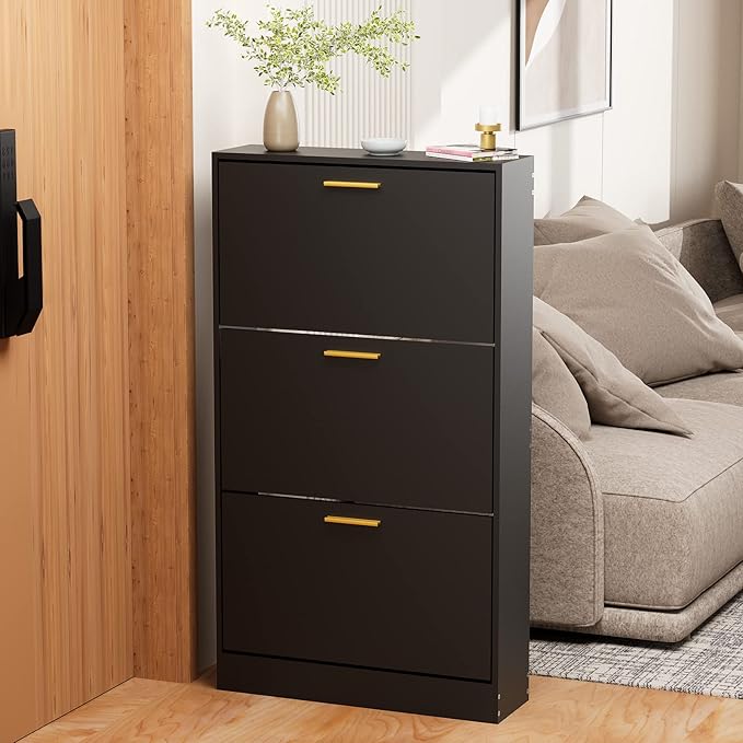 JOZZBY Shoe Cabinet Storage with 3 Flip Drawers for Entryway, Black Slim Freestanding Modern Narrow Shoe Organizer Rack Cabinet for Hallway, Living Room, Set of 2-NeatNest