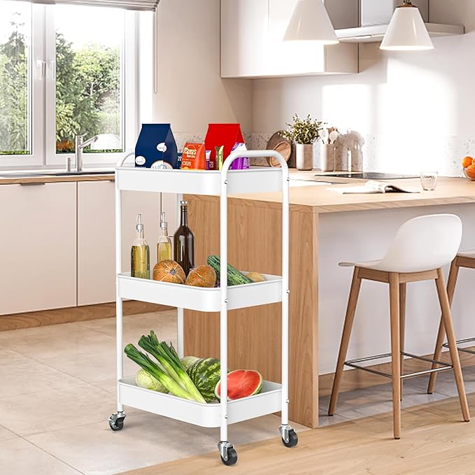 3-Tier Rolling Metal Storage Cart with Wheels, Multi-Functional Organizer for Office, Kitchen, Bathroom, Books Diapers - Easy Assembly (White)-NeatNest