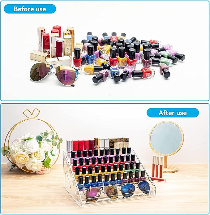 Nail Polish Organizer 72 Bottles of 6 Layers Sunglass Organizer Acrylic Display Rack Eyeglasses Storage Essential Oils Holder Makeup Organizer No Tool Needed Assembly, Clear-NeatNest