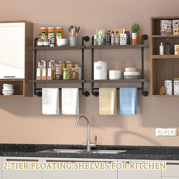 Helsin 2 Tier Wood Floating Shelves Towel Rack, Industrial Pipe Bathroom Shelves Wall Mounted with Towel bar, Wall Display Storage Shelf for Home & Bathroom Decor (Gray, 24inch)
