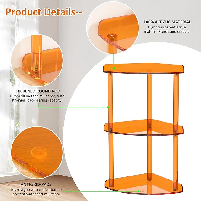 3 Tier Countertop Corner Organizer Shelf 7x7x15.7 Inch, Orange Countertop Acrylic Bathroom Corner Shelf, Vanity Storage Organizer for Cosmetics, Toiletries-NeatNest