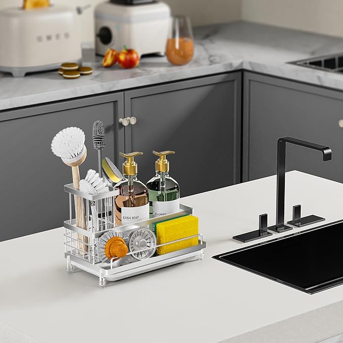 Cisily Stainless Steel Kitchen Sink Caddy Organizer, Sponge Holder for Sink Rustproof, Non-Slip Soap Dish Dispenser Brush Holder Storage, Home & Kitchen Essentials Accessories-NeatNest