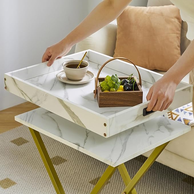 IBUYKE Foldable TV Tray Set of 2 TV,End Table with Removable Food Serving Tray,Portable Wooden Snack Table for Livingroom, Bedroom, Office, Camping, White with Gold UTVT001G-NeatNest