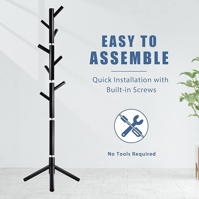 Haddockway Wooden Coat Rack Stand with 8 Hooks New Zealand Pine 3 Adjustable Coat Standing Tree Easy Assembly for Coats, Hats, Scarves and Handbags for Entryway, Hallway, Bedroom, Office-NeatNest