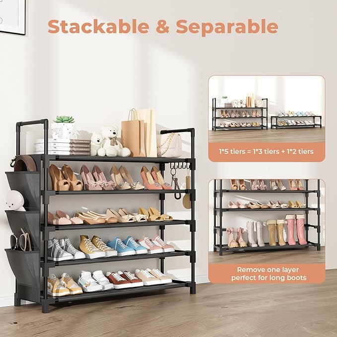 5 Tier Shoe Rack, Shoe Organizer Storage for 20-25 Pair Boot and Sneaker, Stackable Free Standing Shoe Shelf with Hooks and Side Pocket, Space Saving Shoes Rack for Closet, Entryway-NeatNest