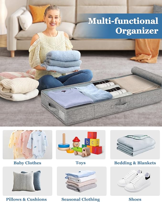 Cirhy Under Bed Storage Containers, 4.5 Inch Tall Low Profile Under Bed Storage with Sturdy Sidewalls & Bottom, UnderBed Storage for Clothes,Shoes, Pillow, Blankets Organizer, 2 Pack Grey-NeatNest