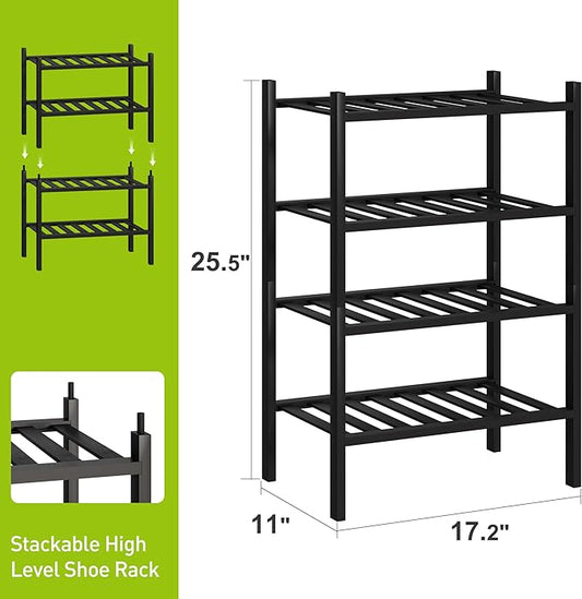 BMOSU 4-Tier Bamboo Small Shoe Rack Premium Stackable Shoe Shelf Storage Organizer for Hallway Closet Living Room Entryway Organizer (Black Bamboo)-NeatNest