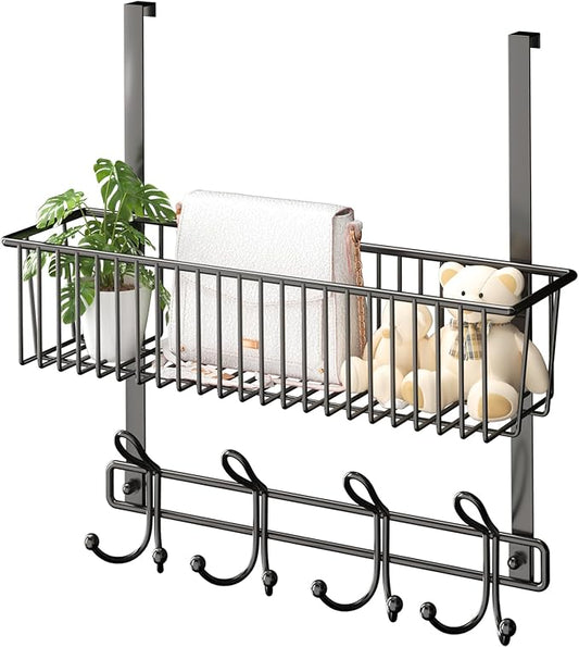 Over The Door Hooks Organizer,Door Hanger Door Storage with Basket,Over The Door Towel Rack Coat Hooks with 12 Hooks,for Bathroom,Bedroom,Kitchen,Office,Apartment(Black)