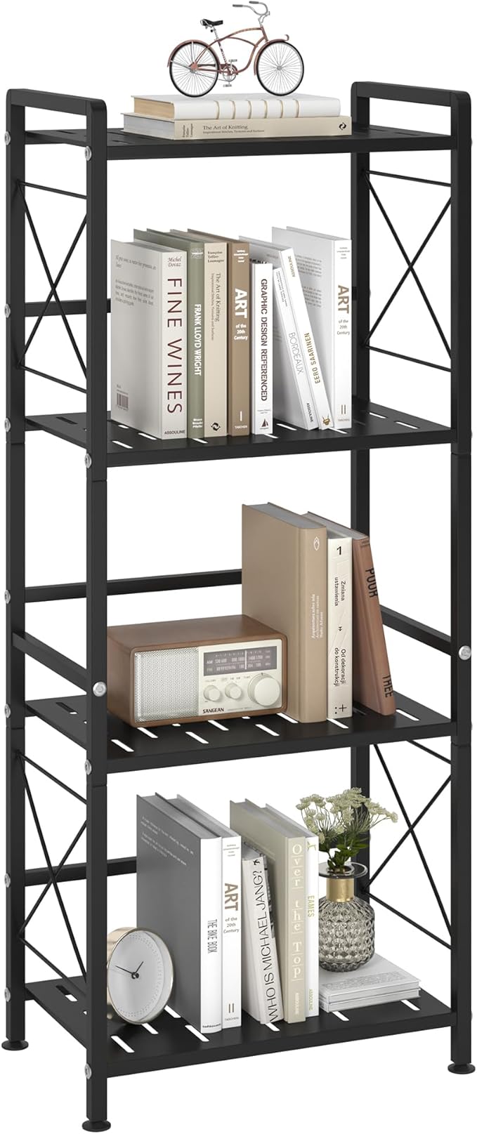 JSB 4 Tier Metal Bookshelf Bathroom Storage Standing Shelf Unit Kitchen Storage Organizer Display Rack Bookcases Shelves for Living Room, Bedroom, Office (Widen Black, 4 Tier)