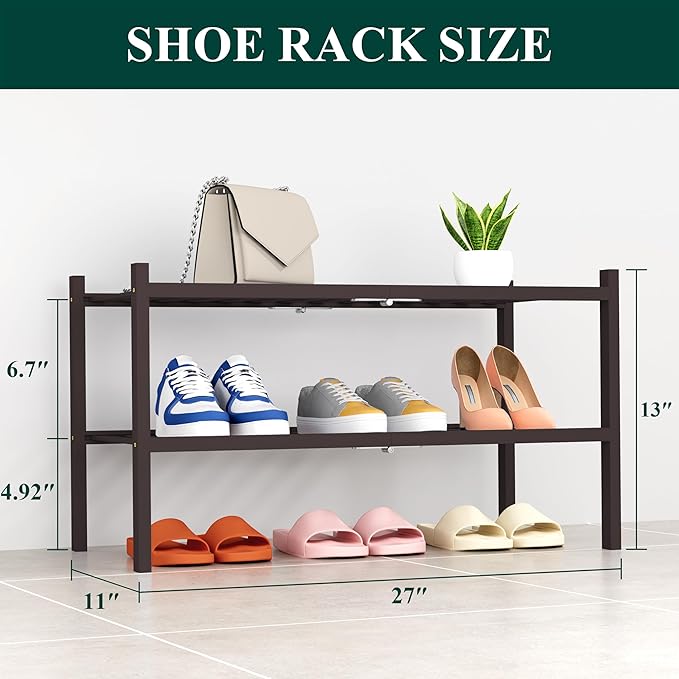 Smiry Shoe Rack, 2 Tier Thick Bamboo Shoe Organizer, Stackable Free Standing Wooden Shoe Storage Shelf for Closet, Entryway, Front Door Entrance, Brown-NeatNest