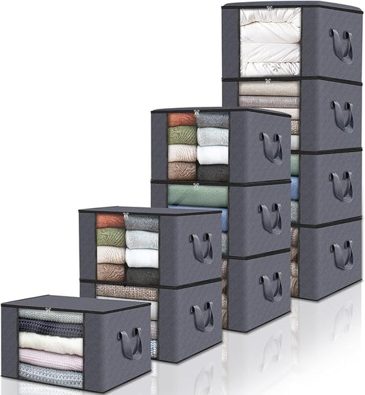 Fab totes 10 Pack Clothes Storage, Foldable Thick Fabric Blanket Storage Bags, Containers for Organizing Bedroom, Closet, Clothing, Comforter,Closet Organization with Handle,Grey-NeatNest