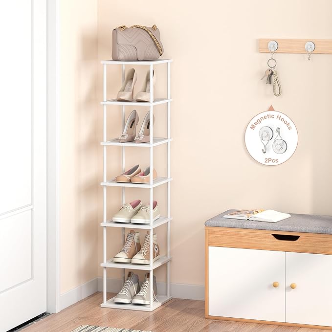 Vertical Tall Shoe Rack Organizer for Entryway -7 Tier Free Standing Slim Narrow Bamboo Wood Corner Stackable Shoe Boots Storage Stand Small Spaces for Closet Garage Cloakroom Living Room (White)-NeatNest