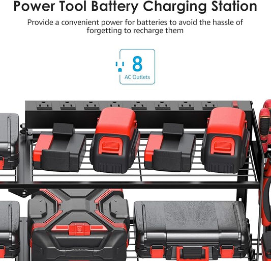 CCCEI Large Garage Tools Storage with Charging Station. Power Tool Battery Organizer Utility Shelf with Power Strip. 4 Drills Holder Wall Mount Rack.-NeatNest